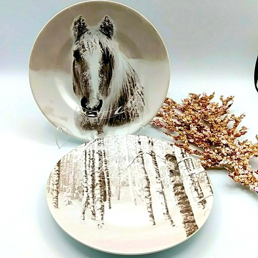 🐴HP! Pier 1 Pair of Accent Plates, Snow Forest Winter Horse. 8.5”
